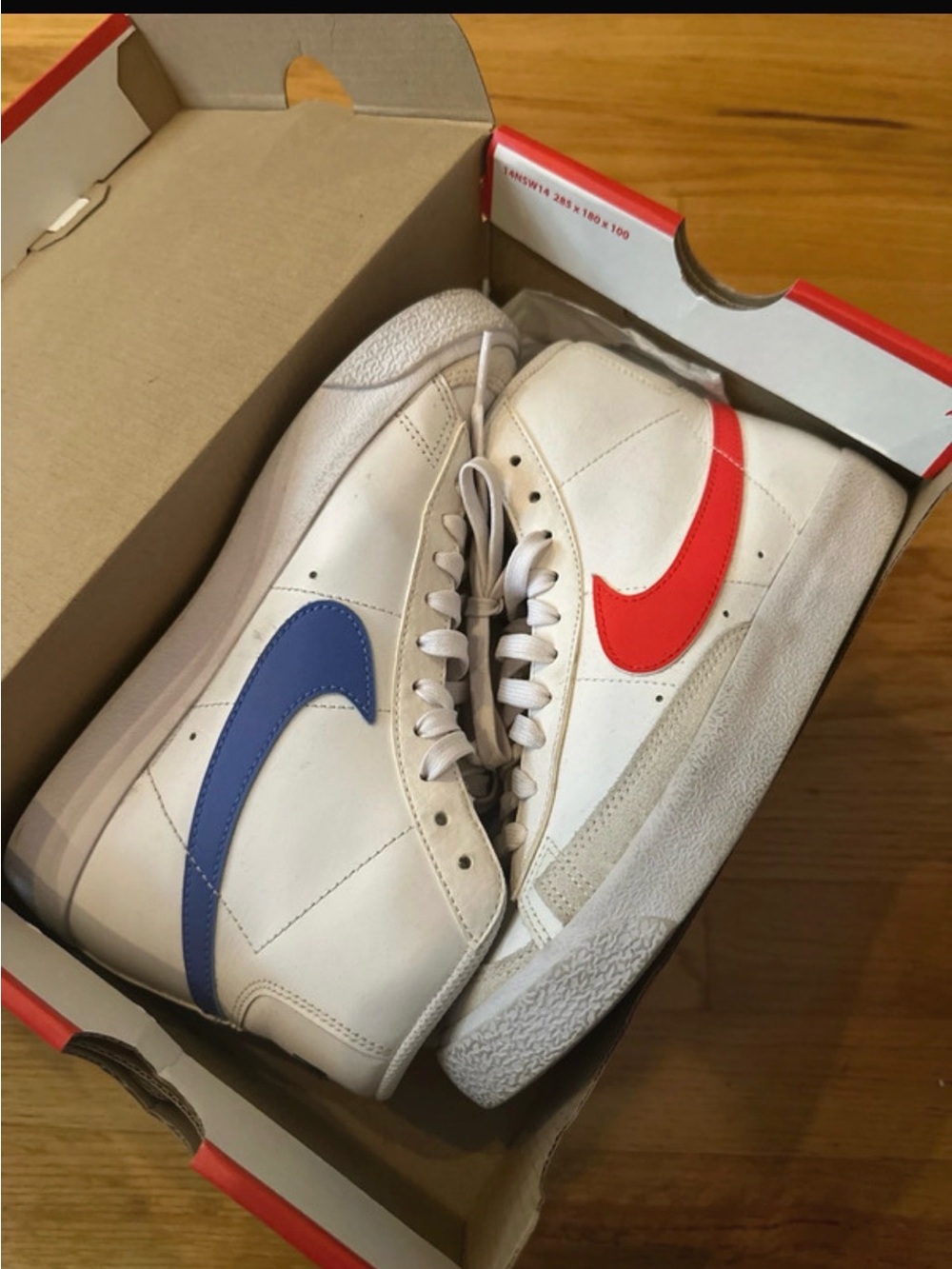 Nike Kids White High-Top Sneakers with Red and Blue Swooshes
